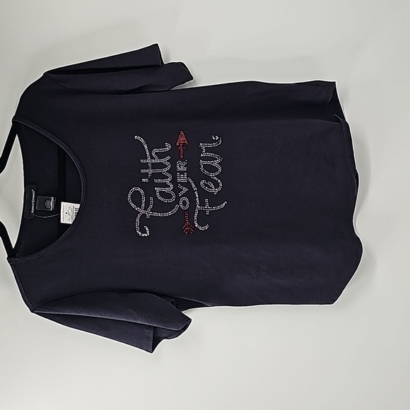 AS Faith Over Fear Black Short Sleeve T-Shirt Top w Red & Silver Crystal - Picture 11 of 11